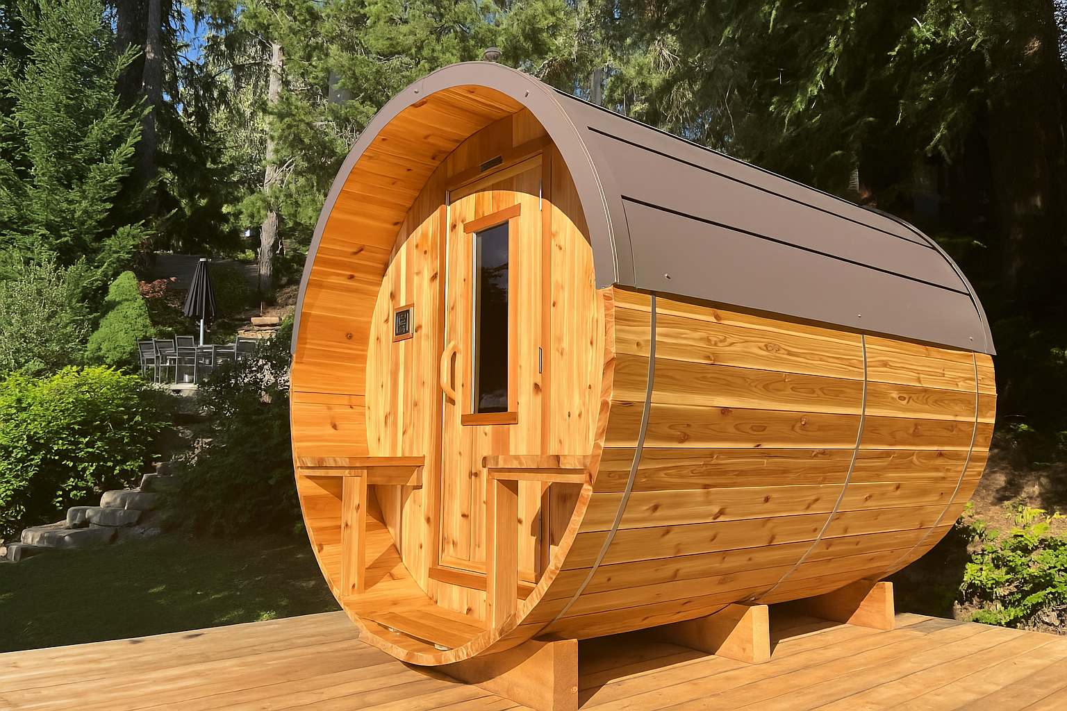Barrel sauna in forest setting